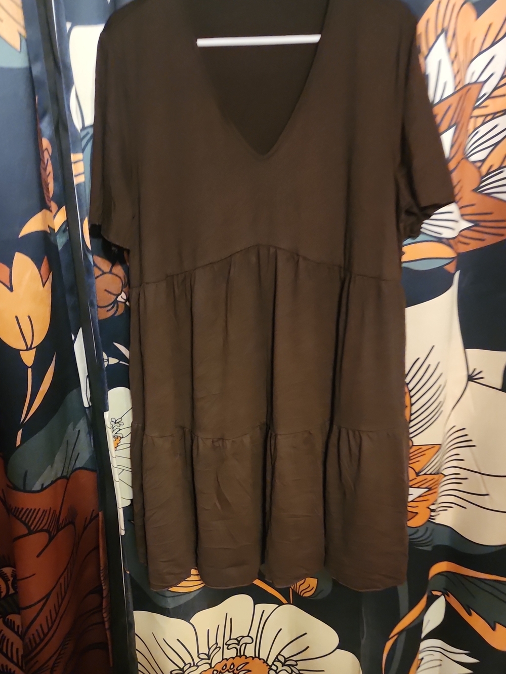 SHEIN Brown Short-Sleeve V-Neck Tiered Dress